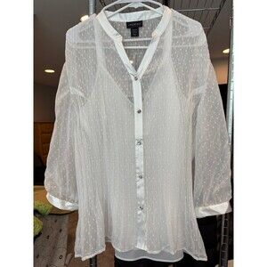 Lane Bryant v-neck sheer white blouse a plissé texture, satin camisole 18/20 W